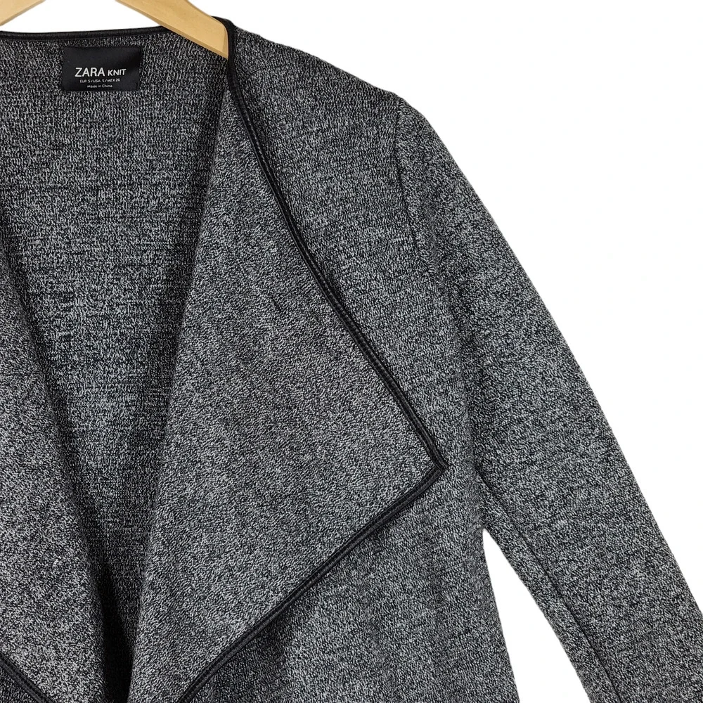 Zara‎ S Womens Cardigan Sweater Gray Black Oversized Open Front Faux Leather
